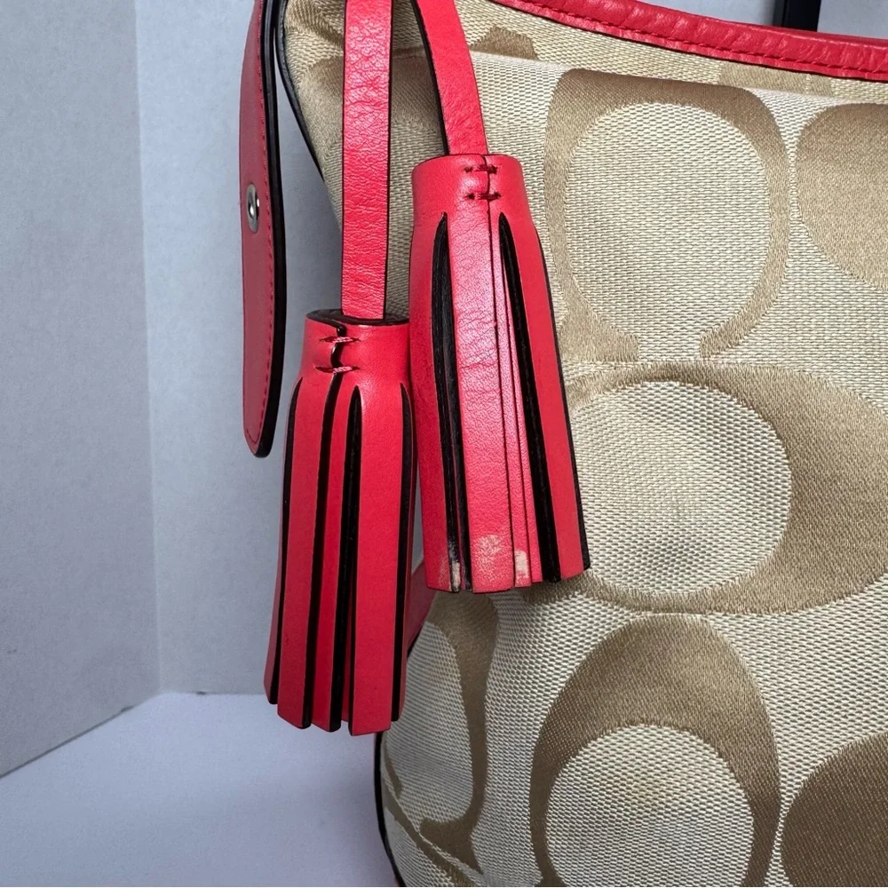 COACH Legacy Signature Hobo Duffel Bag in Khaki and Fuchsia Leather‎ Crossbody